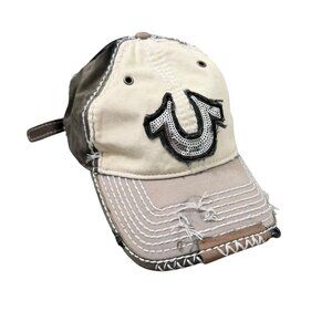 VTG Y2K True Religion Beige Gray Distressed Sequin Embroidered Grunge Hat
